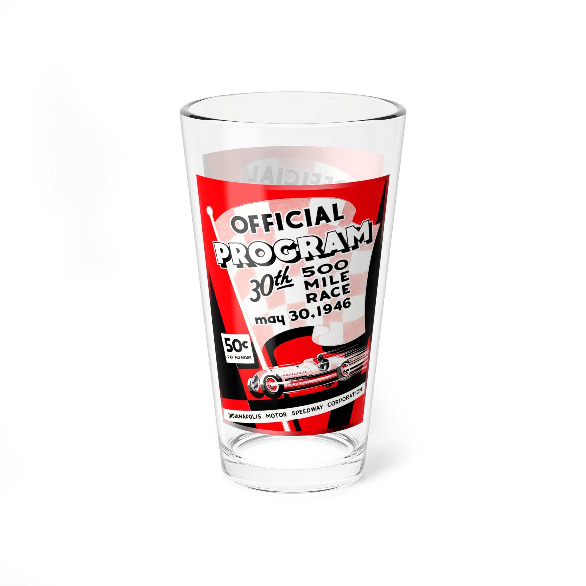Vintage 1946 Racing Indianapolis 500 Mixing Glass, 16oz - Retro Car Lover Gift, Race Enthusiast Barware, Nascar Fan Decor, Vehicle Racing