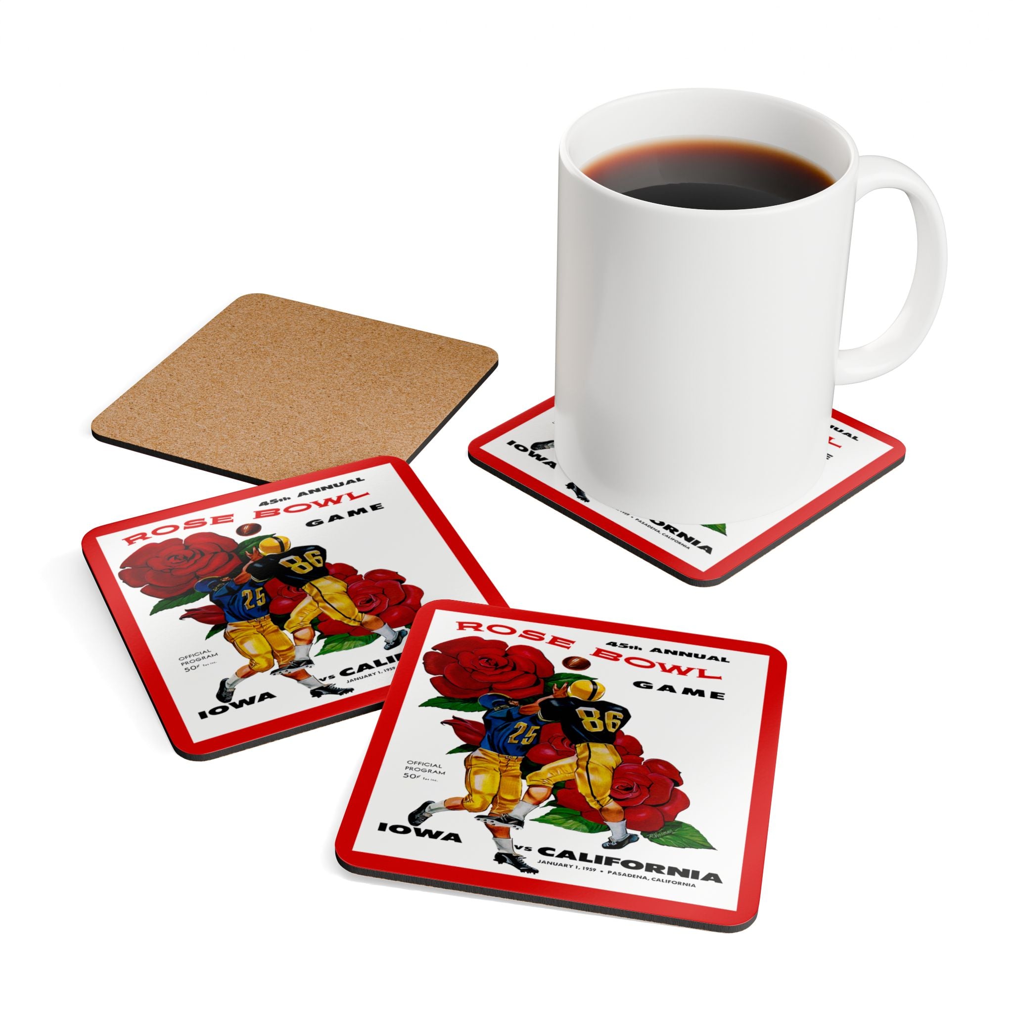 1959 Vintage Iowa Hawkeyes - California Bears Rose Bowl Program Cover - Corkwood Coaster Set