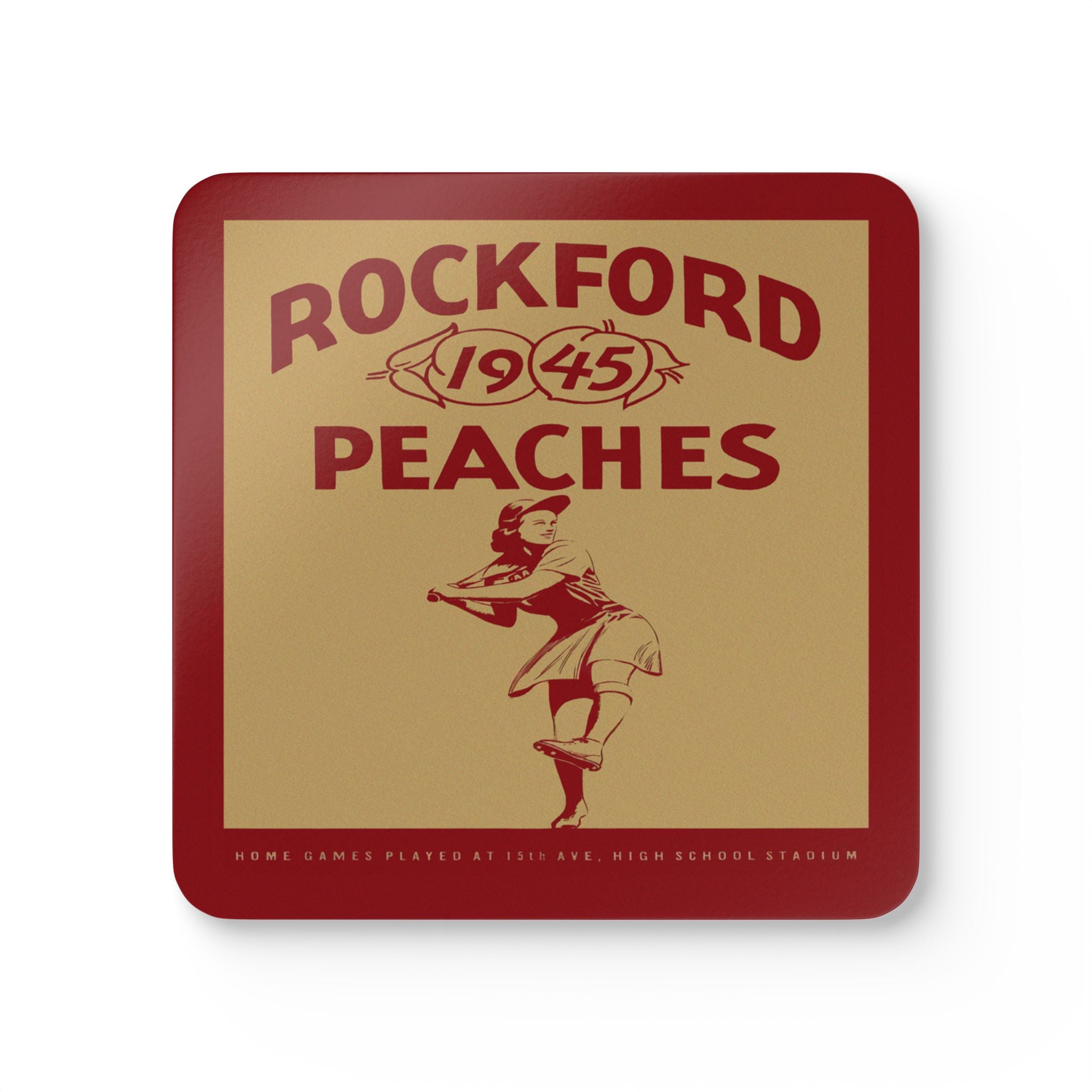 1945 Vintage Rockford Peaches Baseball Yearbook Cover- Corkwood Coaster Set