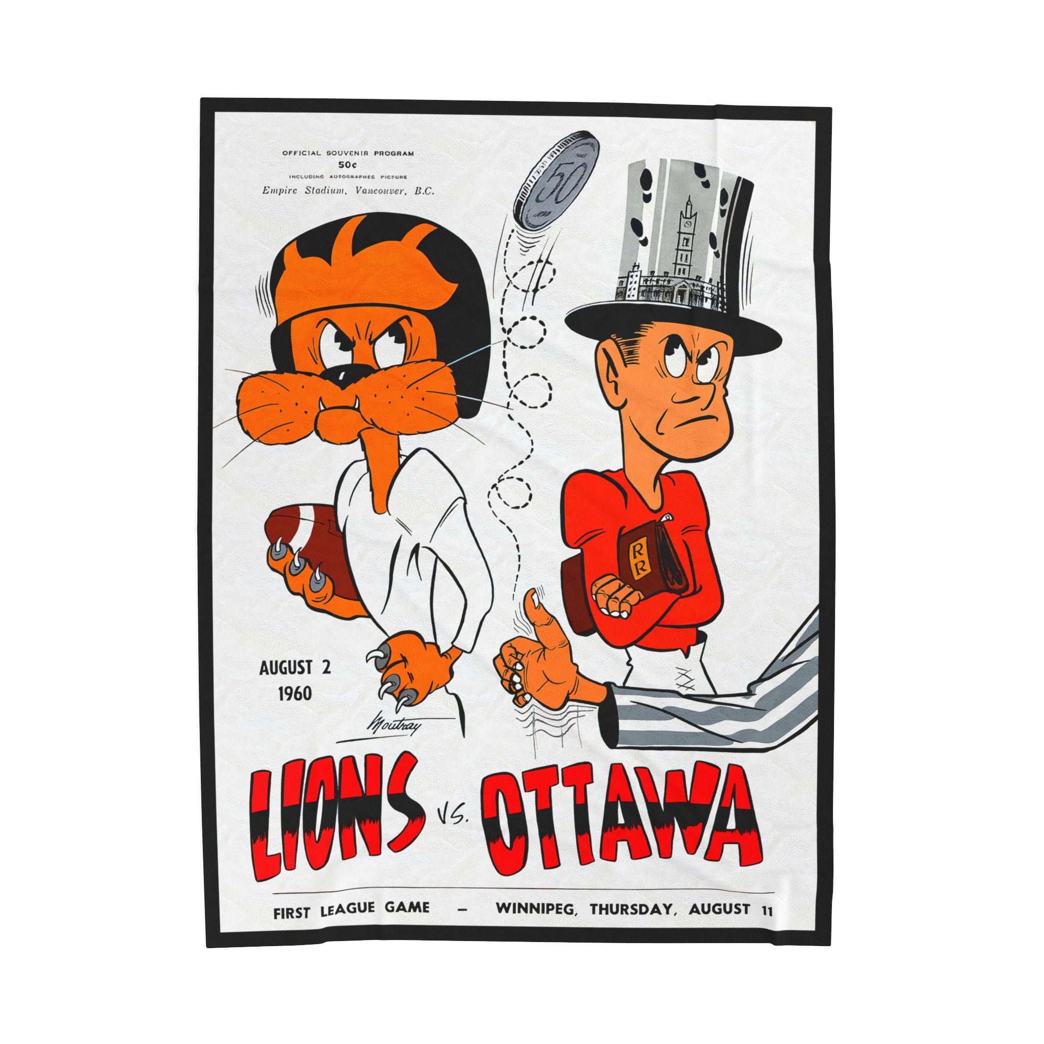 Velveteen Plush Blanket, 1960 CFL Football Ottawa Rough Riders - BC Lions, Vintage Sports Throw, Retro Football Bedding, Cozy Fleece