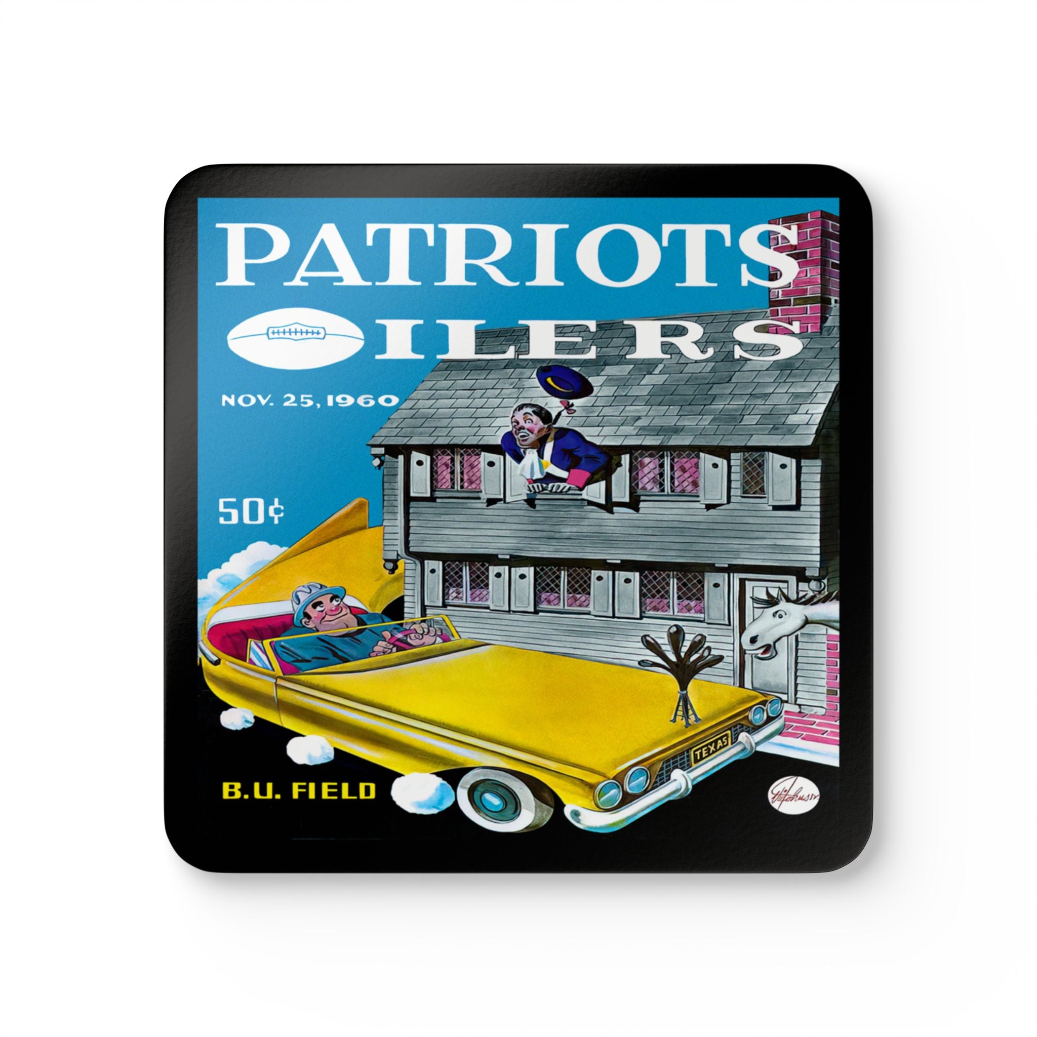1960 Vintage Boston Patriots -Houston Oilers Football Program Cover - Corkwood Coaster Set