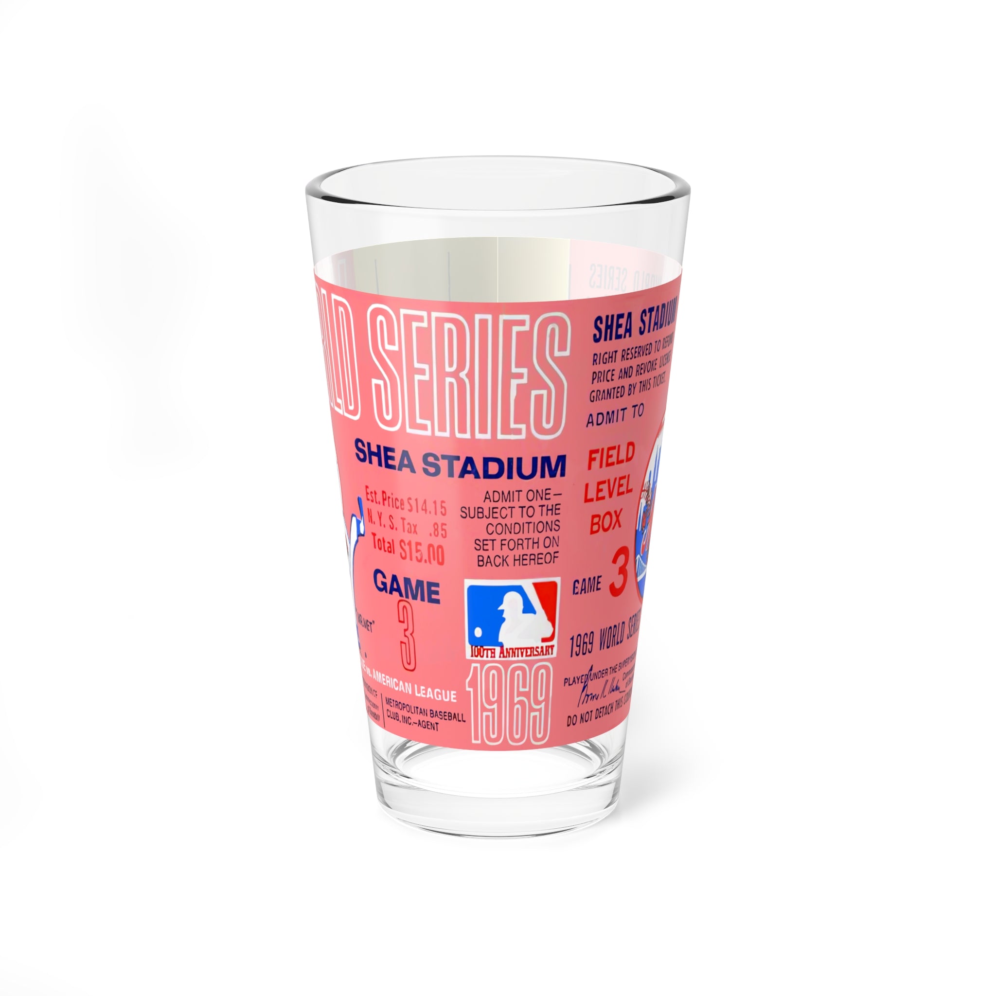 Mixing Glass, 16oz - 1969 Baseball World Series Ticket - New York Mets - Game 3 Shea Stadium, Vintage Sports Barware, Collectible Glassware,