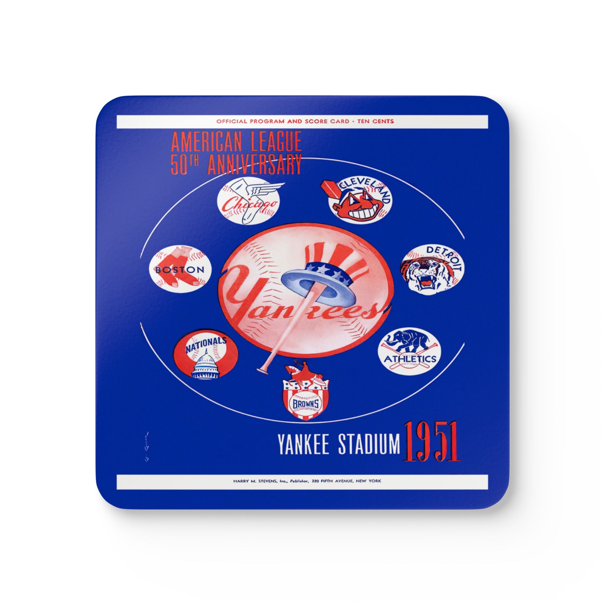 1951 Vintage New York Yankees Scorecard  Cover- 50th Anniversary - American League - Corkwood Coaster Set
