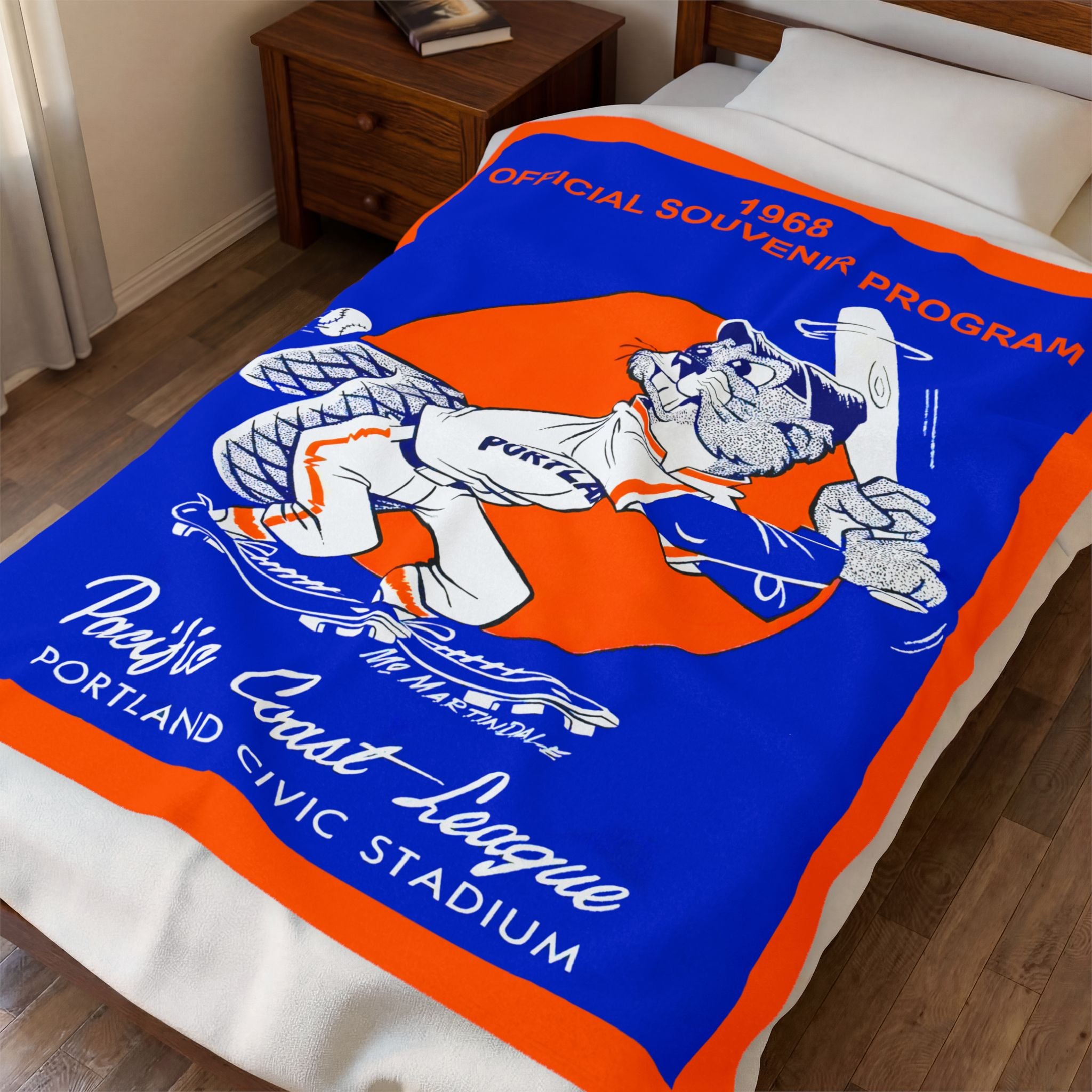 Velveteen Plush Blanket, Vintage 1968 Baseball Portland Beavers Pacific Coast League Throw, Cozy Stadium Sports Bedding, Retro Sports Fan