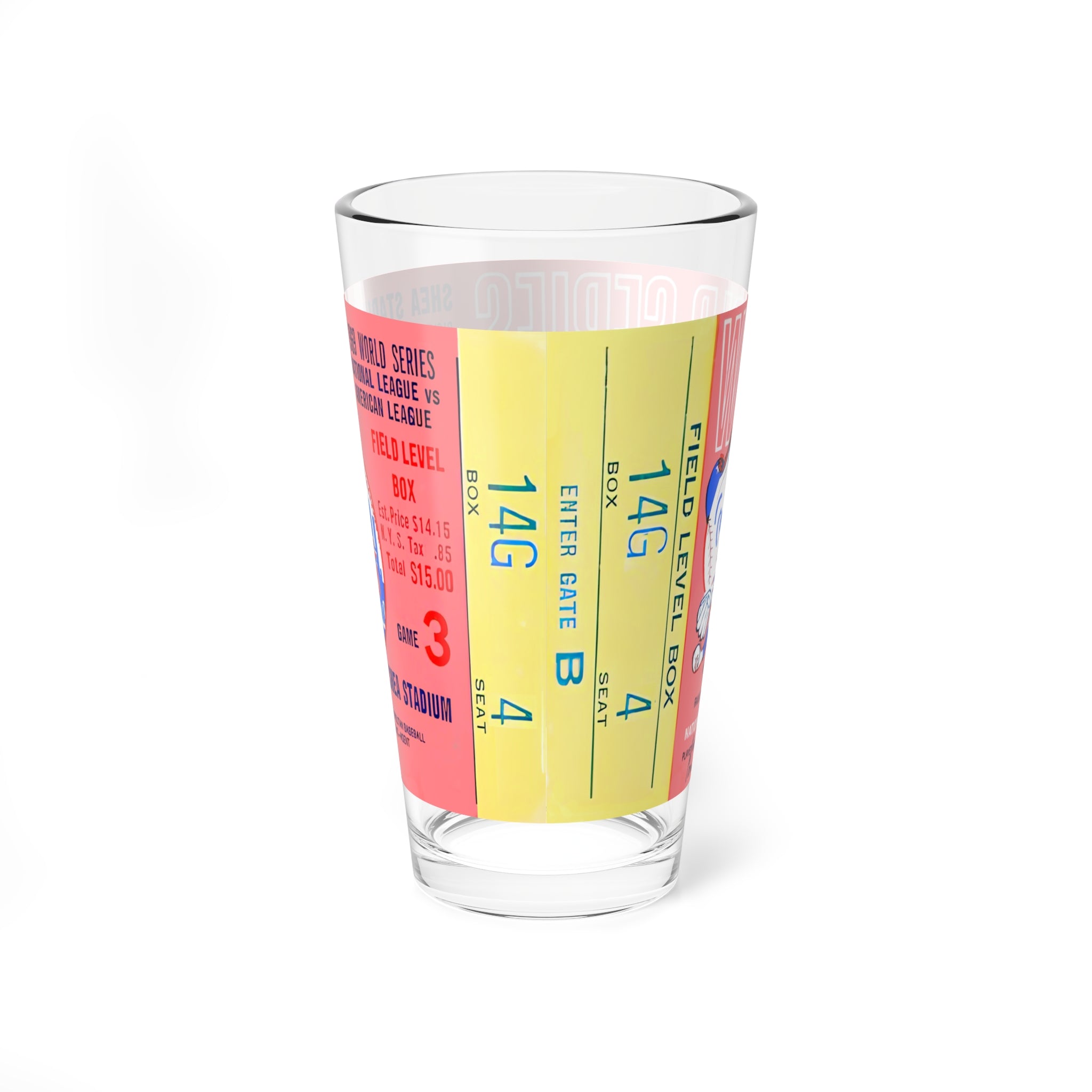 Mixing Glass, 16oz - 1969 Baseball World Series Ticket - New York Mets - Game 3 Shea Stadium, Vintage Sports Barware, Collectible Glassware,