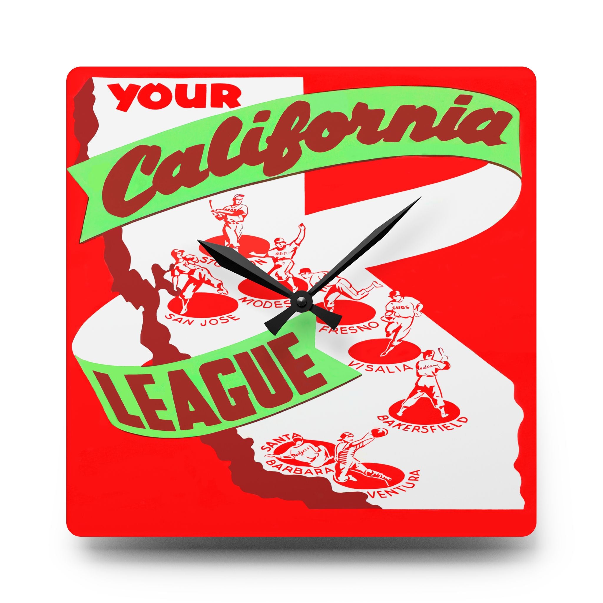 Baseball Wall Clock, California League Vintage 1949 Design, Sports Fan Gift, Acrylic Clock, Man Cave Decor, Unique Home Office Clock